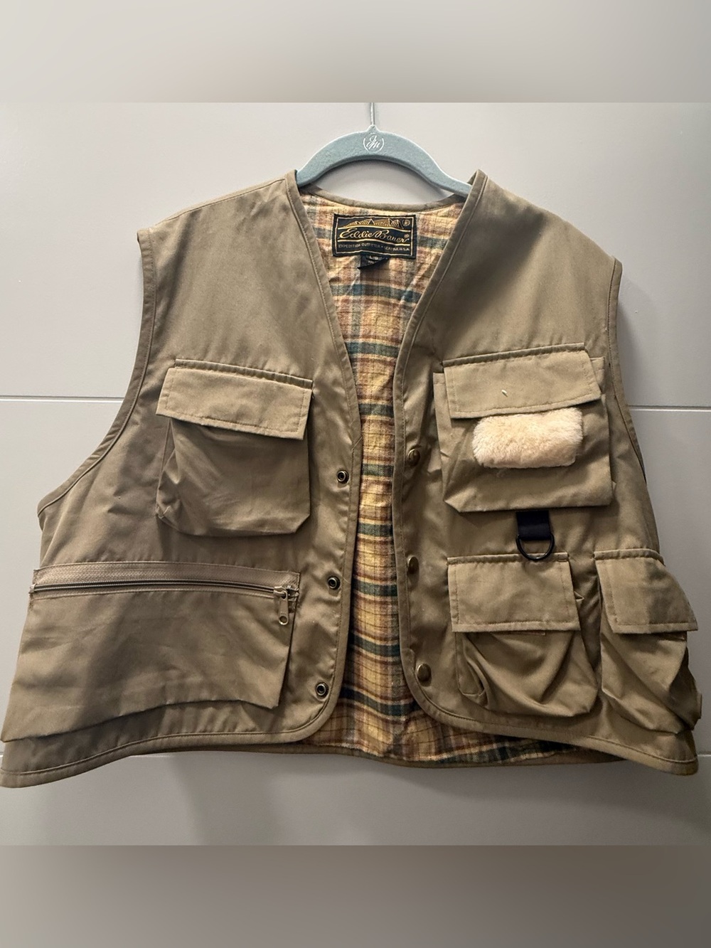 80s Vintage Eddie Bauer Fishing Vest L Plaid Lined Gorpcore Multi-Pocket Tan